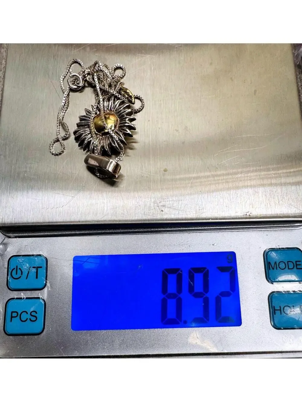 Sterling silver box chain with two tone Taztel sunflower plant pendant necklace - Picture 7 of 7